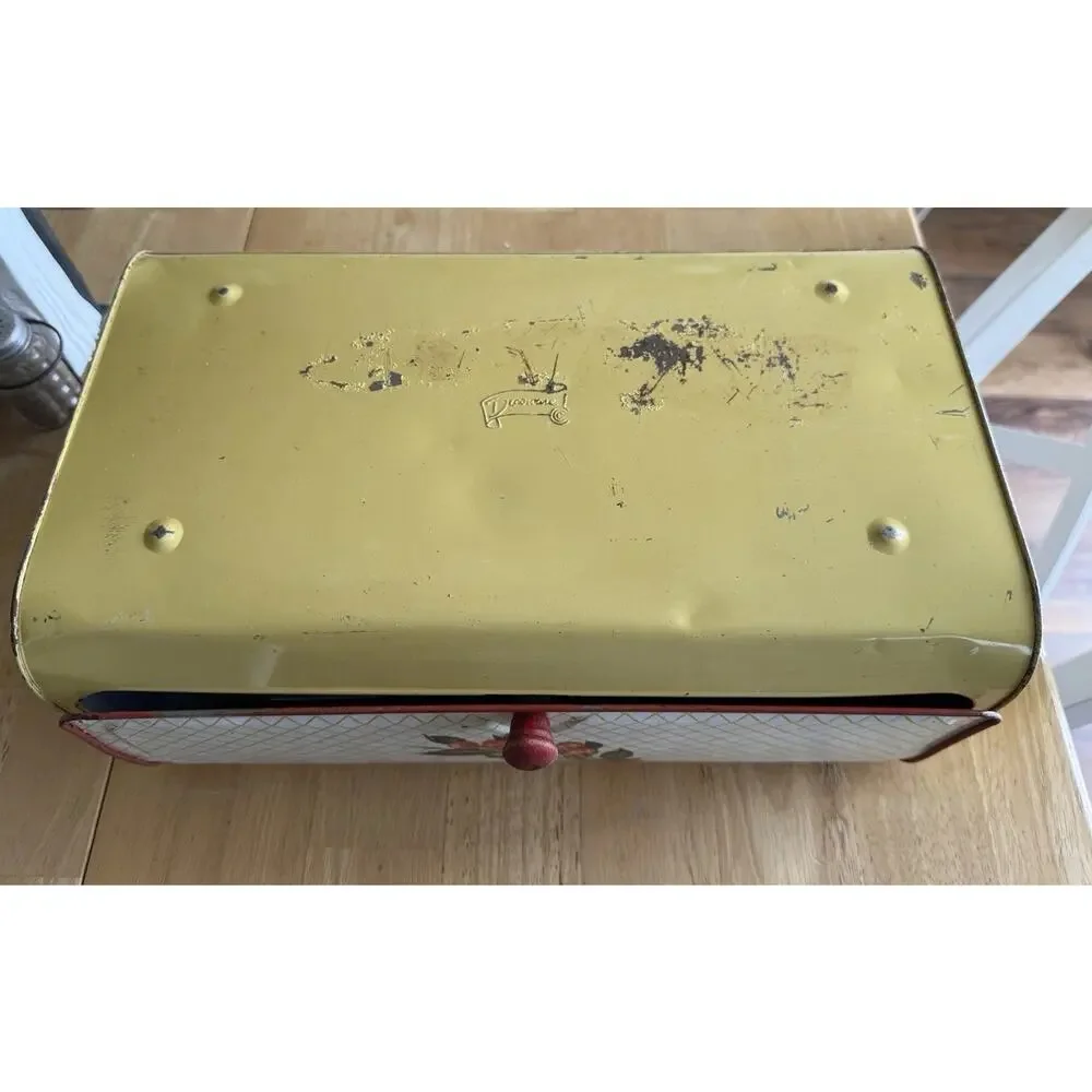 Vintage‎ Decoware Metal Bread Box w/Yellow Lattice Pattern W/Cherry motif
